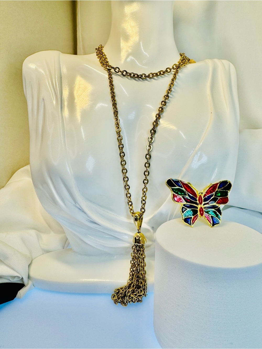 Vintage Sarah Coventry Gold Tasseled Long Necklace with Multicolor Butterfly Pin
